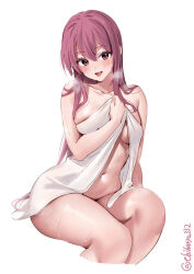 Rule 34 | 1girl, :d, blush, breasts, breath, commentary request, cropped legs, ebifurya, groin, hair between eyes, highres, kamikaze (kancolle), kantai collection, long hair, looking at viewer, medium breasts, naked towel, navel, open mouth, purple eyes, purple hair, simple background, sitting, smile, solo, towel, twitter username, very long hair, wet, white background