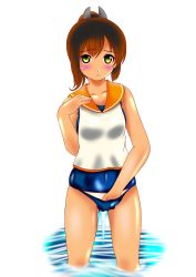 Rule 34 | 10s, 1girl, aka kitsune, bad id, bad pixiv id, brown eyes, brown hair, crotch grab, highres, i-401 (kancolle), kantai collection, old school swimsuit, ponytail, pussy grab, sailor collar, school swimsuit, school swimsuit flap, short hair, simple background, solo, swimsuit, wading