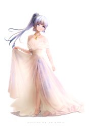 Rule 34 | 1girl, absurdres, ayaka (genshin impact), bare shoulders, blue eyes, blue hair, breasts, cleavage, clothes lift, dress, dress lift, full body, genshin impact, high heels, highres, lifted by self, looking at viewer, off shoulder, ponytail, shiina rei, sidelocks, simple background, wedding dress, white background, white dress