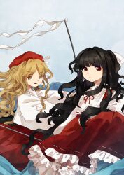 Rule 34 | 2girls, beret, black hair, blonde hair, blue sky, closed mouth, commentary request, detached sleeves, frilled skirt, frills, girl who trained on mt. haku (touhou), gohei, hair ribbon, hakama, hat, highres, holding, holding gohei, hourai girl (touhou), japanese clothes, kariginu, long hair, long sleeves, miko, multiple girls, outdoors, parted lips, portrait of exotic girls, red eyes, red hakama, red headwear, red skirt, retrochaossan, ribbon, shirt, side ponytail, skirt, sky, smile, touhou, very long hair, wavy hair, white ribbon, white shirt, white sleeves, wide sleeves, wind, yellow eyes, zun (style)