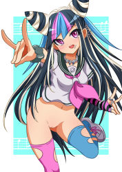 Rule 34 | 10s, 1girl, bad id, bad pixiv id, black hair, blue hair, bottomless, cleft of venus, danganronpa (series), danganronpa 2: goodbye despair, ear piercing, earrings, gloves, jewelry, kevin.g.tuck, long hair, lots of jewelry, mioda ibuki, multicolored hair, necklace, open mouth, piercing, pink eyes, pink hair, pussy, scar, school uniform, serafuku, single glove, smile, solo, stitches, thighhighs, torn clothes, torn thighhighs, uncensored