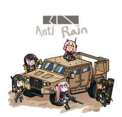 Rule 34 | 5girls, anti-rain (girls&#039; frontline), ar-15, assault rifle, chibi, closed eyes, english text, girls&#039; frontline, gun, highres, joint light tactical vehicle, m16, m16a1, m16a1 (girls&#039; frontline), m4 carbine, m4 sopmod ii (girls&#039; frontline), m4a1 (girls&#039; frontline), military, military vehicle, motor vehicle, multiple girls, nemoga, rifle, ro635 (girls&#039; frontline), scope, st ar-15 (girls&#039; frontline), suppressor, weapon, weapon case
