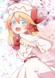 Rule 34 | 1girl, :d, blonde hair, blue eyes, blurry, blurry background, blush, bow, bowtie, capelet, clenched hand, commentary, depth of field, dress, fairy wings, hair between eyes, hat, highres, lily white, long hair, long sleeves, looking at viewer, open mouth, red bow, smile, solo, symbol-only commentary, touhou, white capelet, white dress, white hat, wide sleeves, wings, yutamaro