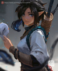 Rule 34 | 1girl, black hair, blue eyes, blurry, blurry background, breasts, closed mouth, hand up, highres, holding, holding mask, kan liu (666k), looking at viewer, mask, medium breasts, original, patreon username, pointy ears, robe, seal impression, short hair, short sleeves, sidelocks, signature, solo, swept bangs, unworn mask, upper body, white robe