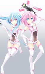 Rule 34 | 2girls, absurdres, bare shoulders, blue eyes, blue hair, blush, elbow gloves, gloves, highres, long hair, looking at viewer, multiple girls, neptune (series), open mouth, pink hair, power symbol, power symbol-shaped pupils, ramu-on@ shinon, smile, staff, symbol-shaped pupils, white sister ram, white sister rom
