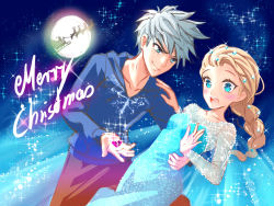 Rule 34 | 1boy, 1girl, blonde hair, blue eyes, blush, braid, dress, elsa (frozen), freckles, frozen (disney), hand on another&#039;s hip, hood, hoodie, jack frost (rise of the guardians), merry christmas, moon, nashi juni, reindeer, rise of the guardians, santa claus, sequins, silhouette, silver hair, sleigh, smile, sparkle