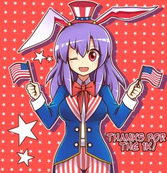 Rule 34 | absurdres, american flag, animal ears, bow, bowtie, coat, dual wielding, english text, hat, highres, holding, light purple hair, long hair, majormilk, mini flag, mini hat, one eye closed, pants, rabbit ears, red background, red eyes, reisen udongein inaba, smile, solo, star (symbol), starry background, striped clothes, striped pants, touhou, united states