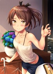 Rule 34 | 1girl, admiral (kancolle), bad id, bad twitter id, bare shoulders, blue pants, blush, breasts, brown eyes, brown hair, casual, cleavage, closed mouth, collarbone, denim, flower, futon, hair tie, halterneck, halterneck, highres, ichikawa feesu, indoors, kantai collection, looking at viewer, medium hair, midriff, pants, ponytail, shikinami (kancolle), short shorts, shorts, small breasts, smile, solo focus, strapless, tube top, umbrella, vase, waving