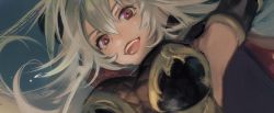 Rule 34 | 1girl, :d, armpits, bad id, bad twitter id, bare shoulders, bow, breasts, from below, granblue fantasy, hair between eyes, highres, large breasts, long hair, mifuji kiichi, open mouth, red eyes, smile, solo, threo (granblue fantasy), white hair