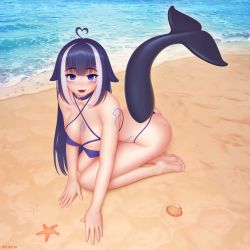 Rule 34 | 1girl, :3, :d, absurdres, ahoge, artist name, ass, bare arms, bare legs, bare shoulders, barefoot, beach, bikini, blue hair, blunt bangs, blush, breasts, cetacean tail, collar, commentary, english commentary, facial hair, fangs, fins, fish tail, full body, hair between eyes, heart, heart ahoge, highres, indie virtual youtuber, large breasts, long hair, looking at viewer, multicolored hair, open mouth, orca girl, purple eyes, sand, seashell, seiza, shell, shylily, shylily (bikini), sitting, smile, solo, starfish, swimsuit, tail, tattoo, two-tone hair, virtual youtuber, water, white hair, wlper