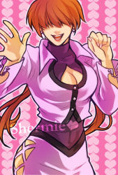 Rule 34 | 1girl, breasts, cleavage, cleavage cutout, clothing cutout, cropped jacket, earrings, hair over eyes, heart, heart earrings, jewelry, leotard, lipstick, long hair, makeup, miniskirt, nail polish, oboroyu, red hair, shermie (kof), skirt, smile, snk, solo, split ponytail, the king of fighters, twintails