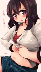 Rule 34 | 1girl, belly, bike shorts, blush, breasts, brown hair, clothes lift, highres, layered clothes, lifted by self, lips, lipstick, long hair, looking at viewer, makeup, muffin top, munimuni kinoko, navel, original, plump, red eyes, shirt, shirt lift, shorts, sitting, small breasts, solo, translated