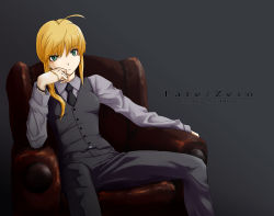 Rule 34 | 1girl, alternate costume, artoria pendragon (all), artoria pendragon (fate), blonde hair, fate/stay night, fate/zero, fate (series), formal, green eyes, hand on own cheek, hand on own face, kanokishi (manjushage), manjusyage, necktie, pant suit, pants, saber (fate), short hair, sitting, solo, suit, waistcoat