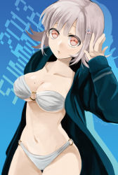 Rule 34 | 1girl, black jacket, blue background, breasts, brown eyes, cleavage, collarbone, commentary request, danganronpa (series), danganronpa 2: goodbye despair, dated, feet out of frame, flipped hair, grey hair, hair ornament, hairclip, hand in own hair, hood, hoodie, jacket, large breasts, looking at viewer, mole, mole on breast, nanami chiaki, navel, open mouth, short hair, simple background, solo, suzuka (rekkyo), swimsuit