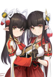 Rule 34 | 2girls, black gloves, black hair, brown eyes, closed mouth, commentary request, dated, gloves, hakama, hakama skirt, highres, hinoa, holding hands, interlocked fingers, japanese clothes, kimono, komi (komiking), long hair, long sleeves, looking at viewer, minoto, monster hunter (series), monster hunter rise, multiple girls, obi, pointy ears, red hakama, sash, short sleeves, siblings, signature, simple background, sisters, skirt, smile, twins, very long hair, white background, white kimono, wide sleeves