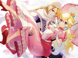 Rule 34 | 2girls, blonde hair, blue eyes, braid, braided ponytail, carrying, carrying person, closed mouth, commentary request, crown, dress, earrings, elbow gloves, eyelashes, gloves, hair between eyes, high heels, highres, holding, holding umbrella, jewelry, long hair, mario (series), mask, mouth mask, multiple girls, nintendo, norimaki (nrmk norinori), pink dress, princess peach, red eyes, red footwear, scarf, sheik, super smash bros., the legend of zelda, the legend of zelda: ocarina of time, turban, umbrella, white background, white gloves, white scarf