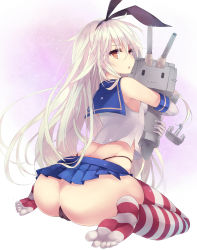 Rule 34 | 10s, 1girl, alternate eye color, anchor, ass, blonde hair, cameltoe, elbow gloves, eyelashes, feet, from behind, gloves, hairband, highleg, highleg panties, highres, hug, kantai collection, long hair, looking back, minchi (lordofthemince), no shoes, orange eyes, panties, parted lips, personification, pleated skirt, rensouhou-chan, revision, school uniform, serafuku, shimakaze (kancolle), sitting, skirt, socks, solo, string panties, striped clothes, striped socks, striped thighhighs, thighhighs, thong, toes, underwear, very long hair, wariza, wide hips