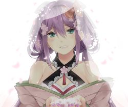 Rule 34 | 1girl, aqua eyes, bare shoulders, bow, breasts, cherry blossoms, cleavage, flower, hair bow, hario 4, highres, holding, holding flower, japanese clothes, kimono, low twintails, nail polish, nijisanji, off shoulder, parted lips, petals, purple hair, purple nails, sakura ritsuki, sakura ritsuki (1st costume), smile, solo, twintails, veil, virtual youtuber, white background, white bow