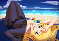 Rule 34 | 1girl, absurdres, bare shoulders, beach, bikini, bikini under clothes, blonde hair, blue eyes, breasts, cleavage, denim, denim shorts, flower, flower necklace, front-tie bikini top, front-tie top, h8hh01, hair flower, hair ornament, hand on forehead, highres, idolmaster, idolmaster cinderella girls, jewelry, knees up, layered bikini, long hair, looking at viewer, lying, medium breasts, midriff, multicolored bikini, multicolored clothes, nail polish, necklace, o-ring, o-ring bikini, ocean, ohtsuki yui, on back, open fly, open mouth, pink nails, ponytail, short shorts, shorts, sky, smile, solo, strap gap, swimsuit, teeth, upside-down, wavy hair