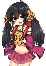 Rule 34 | 1girl, :d, absurdres, animal print, backpack, bad id, bad pixiv id, bag, bare shoulders, black hair, blush, brown camisole, brown eyes, camisole, collarbone, commentary request, cowboy shot, hair between eyes, hair ribbon, head tilt, heart, heart necklace, highres, idolmaster, idolmaster cinderella girls, jacket, jewelry, leopard print, long hair, long sleeves, looking at viewer, matoba risa, midriff, navel, necklace, open clothes, open jacket, open mouth, pink jacket, pink skirt, pleated skirt, print camisole, print ribbon, ribbon, ricroot, skirt, smile, solo, twintails, v-shaped eyebrows, very long hair