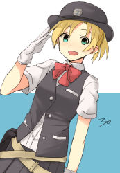 Rule 34 | 10s, 1girl, :d, bad id, bad pixiv id, belt, blonde hair, blush, bow, bowtie, dutch angle, female service cap, gloves, green eyes, grey skirt, hat, kantai collection, kikurina, looking at viewer, maikaze (kancolle), open mouth, pleated skirt, police hat, red bow, salute, school uniform, short hair, short ponytail, skirt, smile, solo, two-tone background, vest, white gloves
