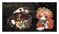 Rule 34 | 1boy, 1girl, absurdres, animal skull, beard, black background, black dress, black sclera, border, bouquet, brown hair, cheongdan t, chibi, closed mouth, colored sclera, copyright name, crescent, crescent hair ornament, dark-skinned male, dark skin, dot mouth, dress, druvis iii, facial hair, flower, fur scarf, green eyes, grid background, grin, hair ornament, highres, holding, holding bouquet, holding staff, leaf hair ornament, long hair, looking at viewer, mage staff, mask, mask on head, mistletoe, orange hair, reverse:1999, robe, shamane, skull mask, smile, staff, very long hair, white border, white robe
