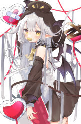 Rule 34 | 1girl, absurdres, apron, artist name, bare shoulders, bat wings, black skirt, black sleeves, blood, bow, bowtie, breasts, commentary, cowboy shot, cross in eye, demon tail, demon wings, detached sleeves, double-parted bangs, frilled apron, frills, from side, grey hair, hair flaps, heart, highres, holding, holding syringe, hood, hood up, large syringe, light blush, long hair, long sleeves, looking at viewer, original, oversized object, pacifier, pointy ears, poteo, sidelocks, simple background, skirt, small breasts, solo, standing, syringe, tail, very long hair, watermark, white apron, white background, wings, yellow bow, yellow bowtie, yellow eyes