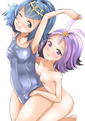 Rule 34 | 2girls, acerola (pokemon), bare arms, bare shoulders, blue eyes, blue hair, blunt bangs, blush, breasts, clothed female nude female, collarbone, covered navel, creatures (company), elite four, game freak, grabbing, grabbing another&#039;s breast, hairband, hand under clothes, hand under swimsuit, jewelry, kneeling, lana (pokemon), multiple girls, navel, nintendo, nipples, npc trainer, nude, one eye closed, pokemon, pokemon (anime), pokemon sm, pokemon sm (anime), purple eyes, purple hair, short hair, shuga (soranote), simple background, small breasts, swimsuit, teeth, trial captain, white background, yuri