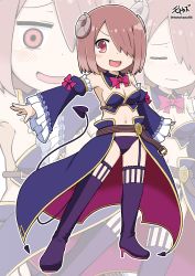 Rule 34 | 1girl, artist name, belt, blue cape, blush, boots, breasts, cape, closed eyes, cosplay, curled horns, demon tail, detached collar, detached sleeves, frilled sleeves, frills, full body, garter straps, groin, hair over one eye, high heel boots, high heels, horns, hoshino miyako (wataten), light brown hair, long sleeves, looking at viewer, machikado mazoku, medium breasts, motokazu (dontokodon), multiple views, navel, neck ribbon, nervous smile, open mouth, outstretched arm, pink ribbon, projected inset, purple footwear, purple legwear, raised eyebrow, red eyes, revealing clothes, ribbon, short hair, smile, solo, tail, twitter username, waist cape, watashi ni tenshi ga maiorita!, wavy mouth, wide-eyed, wide sleeves, yoshida yuuko (machikado mazoku), yoshida yuuko (machikado mazoku) (cosplay)