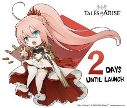 Rule 34 | 1girl, armor, armored dress, blue eyes, bullet, chibi, copyright name, copyright notice, countdown, dress, english text, gun, logo, looking at viewer, official art, open mouth, pink hair, ponytail, rifle, shionne (tales), solo, tales of (series), tales of arise, thick thighs, thighhighs, thighs, weapon, white thighhighs