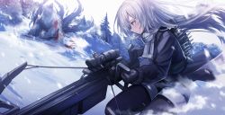 Rule 34 | 1girl, black coat, black gloves, black pantyhose, blood, bow (weapon), closed mouth, coat, crossbow, day, gloves, highres, holding, holding weapon, konome noi, long hair, long sleeves, monster, original, outdoors, pantyhose, plaid, plaid scarf, scarf, shorts, silver hair, snow, tree, weapon