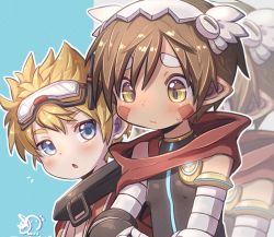 Rule 34 | 2boys, bandam, blonde hair, blue background, blush, borrowed character, brown hair, character request, child, closed mouth, commentary, commission, dark-skinned male, dark skin, goggles, goggles on head, headgear, made in abyss, male focus, multiple boys, pointy ears, regu (made in abyss), skeb commission, staring, yellow eyes