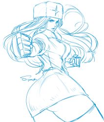 Rule 34 | 1girl, artist name, ass, attack, breasts, buttons, capcom, coat, cowboy shot, eyebrows, from behind, fur hat, fur trim, gloves, hat, highres, kolin, lips, long hair, monochrome, parted lips, punching, simple background, solo, standing, street fighter, street fighter v, superbull, thick thighs, thighhighs, thighs, ushanka, wavy hair, white background, winter clothes, winter coat, zettai ryouiki