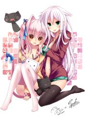 Rule 34 | 2girls, :&lt;, :p, absurdres, anceril sacred, animal ears, between legs, black cat, black legwear, blush, breasts, cat, cat ears, cat tail, cleavage, green eyes, hair ornament, hair ribbon, hand between legs, highres, hood, hoodie, long hair, mishima kurone, multiple girls, naked hoodie, navel, niconico, open clothes, open hoodie, open mouth, orange eyes, original, pink hair, ponytail, ribbon, shia flatpaddy, shiro-ushi, signature, silver hair, sitting, small breasts, syroh, tail, thighhighs, tongue, tongue out, white legwear