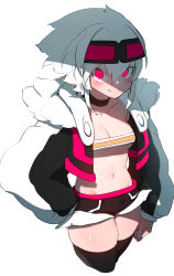 Rule 34 | 1girl, absurdres, bandeau, black thighhighs, blush, closed mouth, cowboy shot, cropped jacket, cropped legs, goggles, goggles on head, hair between eyes, highres, jacket, long sleeves, looking at viewer, navel, niwamaru (niwarhythm), niwarhythm, open clothes, open jacket, original, pink eyes, sanpaku, simple background, smile, solo, standing, stomach, strapless, thighhighs, tube top, white background, white hair