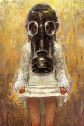Rule 34 | 1girl, clothes lift, dress, dress lift, female focus, gas mask, legs, lifted by self, mask, original, solo, standing, tagme, walkalone