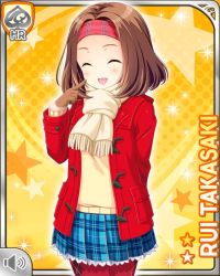 Rule 34 | 1girl, :o, blue skirt, brown eyes, brown hair, card, character name, closed eyes, girlfriend (kari), gloves, headband, jacket, official art, open mouth, plaid, plaid skirt, pointing, pointing at self, qp:flapper, red jacket, red legwear, scarf, school uniform, skirt, solo, sweater, takasaki rui, white sweater, winter clothes, yellow background