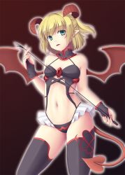 Rule 34 | 1girl, alternate costume, black background, blonde hair, bridal gauntlets, choker, demon girl, demon tail, demon wings, frills, gloves, green eyes, horns, isaki (gomi), mizuhashi parsee, navel, parted lips, pointy ears, riding crop, short hair, simple background, solo, tail, thighhighs, touhou, whip, wings