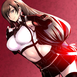 Rule 34 | 1girl, black skirt, breasts, brown eyes, commentary request, dutch angle, earrings, elbow gloves, elbow pads, fighting stance, final fantasy, final fantasy vii, final fantasy vii remake, fingerless gloves, gloves, jewelry, large breasts, long hair, low-tied long hair, midriff, miniskirt, nakahira guy, pencil skirt, pink lips, red background, shirt, skirt, smile, solo, suspender skirt, suspenders, tank top, taut clothes, taut shirt, tifa lockhart