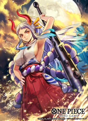 Rule 34 | 1girl, aqua hair, closed mouth, club, club (weapon), earrings, english text, full moon, hair ornament, hair stick, holding, holding weapon, hoop earrings, horns, jewelry, kanabou, long hair, moon, multicolored hair, multicolored horns, nijihayashi, official art, one piece, one piece card game, oni, orange eyes, ponytail, rope, shimenawa, sleeveless, solo, translation request, two-tone hair, weapon, white hair, yamato (one piece)