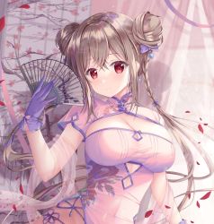 Rule 34 | 1girl, blush, braid, breasts, china dress, chinese clothes, closed mouth, clothing cutout, crossed bangs, cutout above navel, double bun, dress, folding fan, gloves, hagoromo, hair between eyes, hair bun, hand fan, high collar, highres, holding, holding fan, large breasts, light brown hair, long hair, looking at viewer, original, purple dress, purple gloves, red eyes, shawl, side cutout, smile, solo, sousouman, twin braids, twintails, upper body