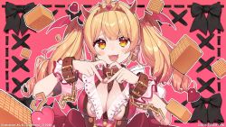Rule 34 | 1girl, absurdres, bat hair ornament, belt, blonde hair, breasts, cleavage, collar, commentary request, company name, earrings, fingernails, food, frills, hair ornament, heart, heart hands, highres, hololive, jewelry, large breasts, long hair, looking at viewer, nail polish, open mouth, oshiruko (oshiruco 212048), pink nails, solo, twintails, twitter username, virtual youtuber, yellow eyes, yozora mel