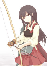 Rule 34 | 10s, 1girl, akagi (kancolle), archery, arka, arrow (projectile), bad id, bad pixiv id, blush, bow (weapon), brown eyes, brown hair, female focus, gloves, japanese clothes, kantai collection, kyuudou, long hair, looking at viewer, muneate, partially fingerless gloves, partly fingerless gloves, personification, quiver, serious, single glove, skirt, solo, weapon, yugake