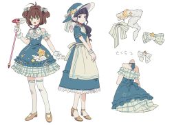 Rule 34 | 2girls, apron, blue dress, blue headwear, blush, bow, bowtie, brown hair, cardcaptor sakura, chinese commentary, commentary request, crescent, crescent hat ornament, daidouji tomoyo, dress, full body, fuuin no tsue, gloves, green eyes, hair bow, hat, hat bow, hat ornament, high heels, highres, holding, iovebly, kinomoto sakura, long hair, looking at viewer, multiple girls, multiple views, off-shoulder dress, off shoulder, open mouth, purple eyes, short hair, short sleeves, simple background, smile, star (symbol), thighhighs, two side up, waist apron, white background, white bow, white gloves, white legwear, white neckwear, wrist cuffs, yellow footwear