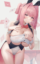 Rule 34 | 1girl, adjusting clothes, animal ears, arl, blush, bow, bowtie, breasts, card, cleavage, closed mouth, commission, detached collar, fake animal ears, fang, hair intakes, hand on own chest, hands up, highleg, highleg leotard, highres, large breasts, leaning forward, leotard, long hair, looking at viewer, miton-chan (miton (turuyasann)), original, pink eyes, pink hair, pixiv commission, playboy bunny, playing card, rabbit ears, red bow, red bowtie, skin fang, solo, standing, strapless, strapless leotard, white leotard, wrist cuffs