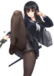 Rule 34 | 1girl, :d, ass, black eyes, black hair, black pantyhose, black serafuku, cameltoe, closed mouth, commentary request, dual wielding, from behind, hair ornament, highres, holding, holding sword, holding weapon, katana, leg up, loafers, long hair, long sleeves, looking at viewer, miniskirt, open mouth, original, panties, panties under pantyhose, pantyhose, pleated skirt, school uniform, serafuku, shoes, sidelocks, skirt, smile, solo, standing, sword, thighband pantyhose, toriatto gununu, underwear, weapon, white background