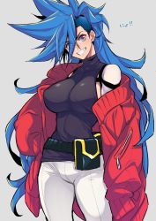 Rule 34 | !, !!, 1girl, belt, blue eyes, blue hair, breasts, commentary request, cowboy shot, eyes visible through hair, galo thymos, genderswap, genderswap (mtf), grey background, highres, large breasts, long hair, looking at viewer, pants, parted lips, pouch, promare, simple background, solo, spiked hair, standing, takatsuki ichi, teeth, translation request, very long hair