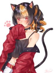 Rule 34 | 1girl, animal ear fluff, animal ears, animal hands, bare shoulders, belt, black hair, blunt bangs, blush, camisole, cat ears, cat girl, cat tail, collar, collarbone, commentary request, covering own mouth, embarrassed, jacket, long hair, long sleeves, looking at viewer, navel, official art, open clothes, open jacket, orange hair, original, ponytail, red eyes, red jacket, shio kouji (shiokojii), signature, simple background, sleeves past fingers, sleeves past wrists, solo, tail, upper body, wavy hair, white background
