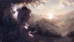 Rule 34 | 1girl, animal ears, cloud, cloudy sky, congming lan, detached sleeves, from behind, hat, highres, inubashiri momiji, lake, landscape, outdoors, pom pom (clothes), scenery, short hair, sky, solo, sunset, sword, tail, tokin hat, torii, touhou, tree, weapon, white hair, wolf ears, wolf tail