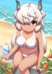 Rule 34 | 1girl, absurdres, alternate costume, bare arms, bare shoulders, bikini, blush, brown eyes, ev (kemomimizuku), food, from above, hair over one eye, highres, kemono friends, long hair, looking at viewer, looking up, marine day, midriff, ox ears, ox girl, ox horns, shaved ice, sidelocks, sitting, smile, solo, swimsuit, tan, tanline, twintails, white bikini, white hair, yak (kemono friends)